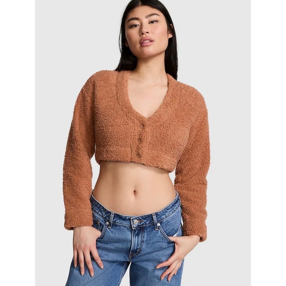 Victoria's Secret PINK Cropped Teddy Fleece Cardigan Brown V-Neck Sweater Small